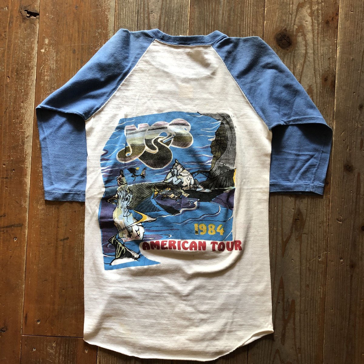 ’84年製!YES“ワールド·ツアー1984”BBシャツ(ラグラン)　グレー×白 fit=scale-down,w=1200