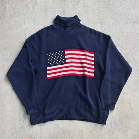 USA製 アメリカ国旗タートルネックコットンニット