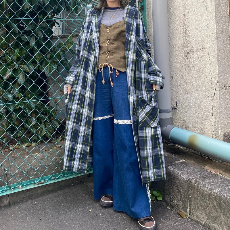 vintage チェック ロング ガウン 青 M 日本製 RALPHLAUREN チェックガウン ルームローブ コットンガウン 青系 S/M