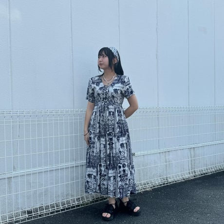 総柄 半袖 ロングワンピース