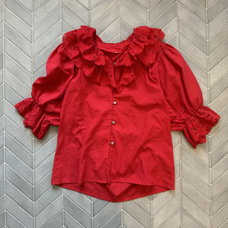 ビュルデサボン　　赤チェックフリルブラウス AMBIDEX Store △〇 60 / 1 チェック 丸襟ブラウス(F アオ