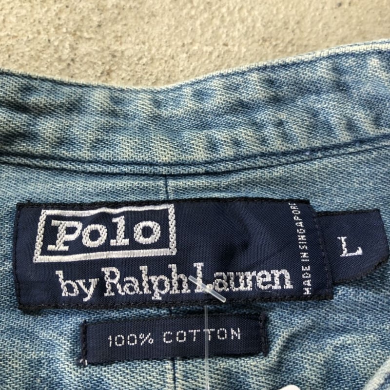 美品 ローレンラルフローレン ノーカラーデニム刺繍ブラウス バンドカラー XS POLO RALPH LAUREN ブラウス シャツ オーバーサイズ デニム