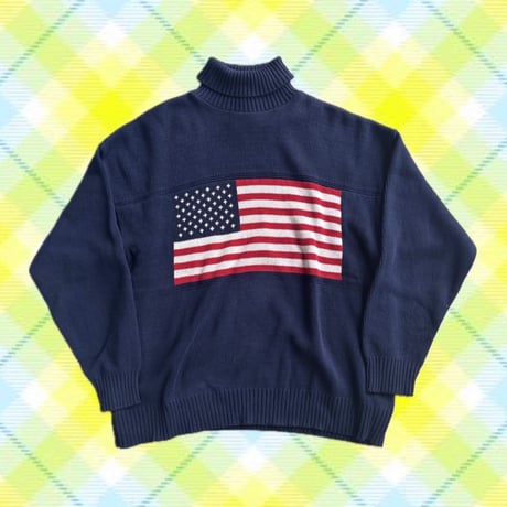 USA製 アメリカ国旗タートルネックコットンニット