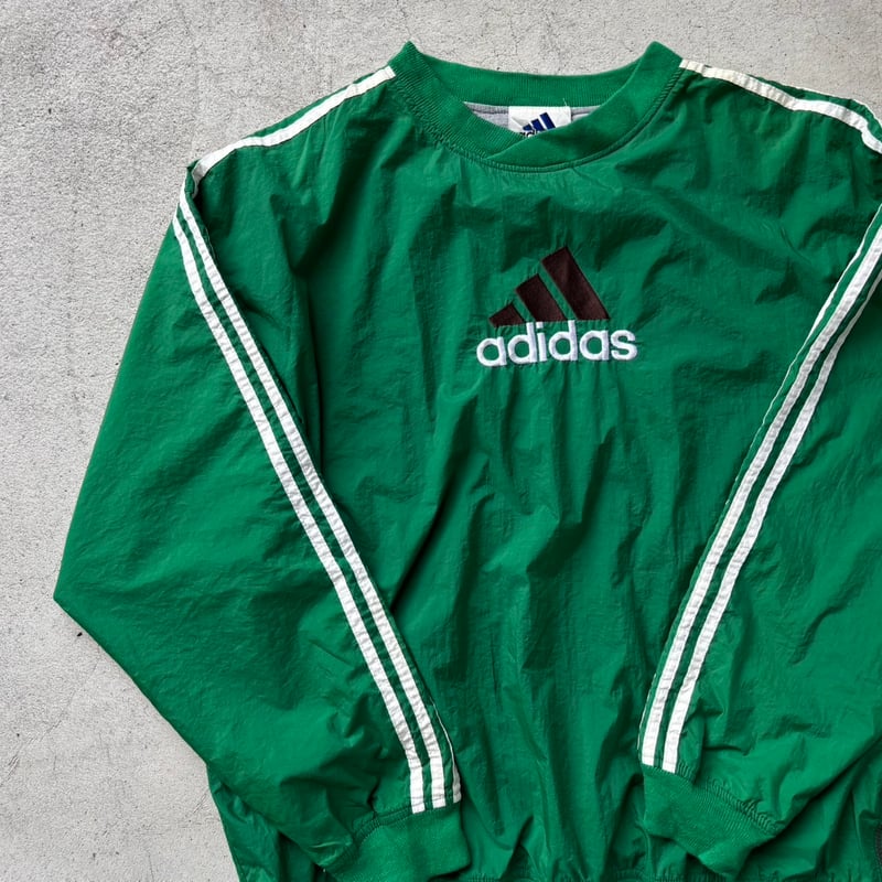 古着 90s adidas ナイロンプルオーバー 緑 グリーン 刺繍ロゴ アディダス ナイロンプルオーバージャケット 刺繍ロゴ グリーン
