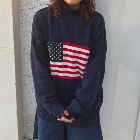 USA製 アメリカ国旗タートルネックコットンニット
