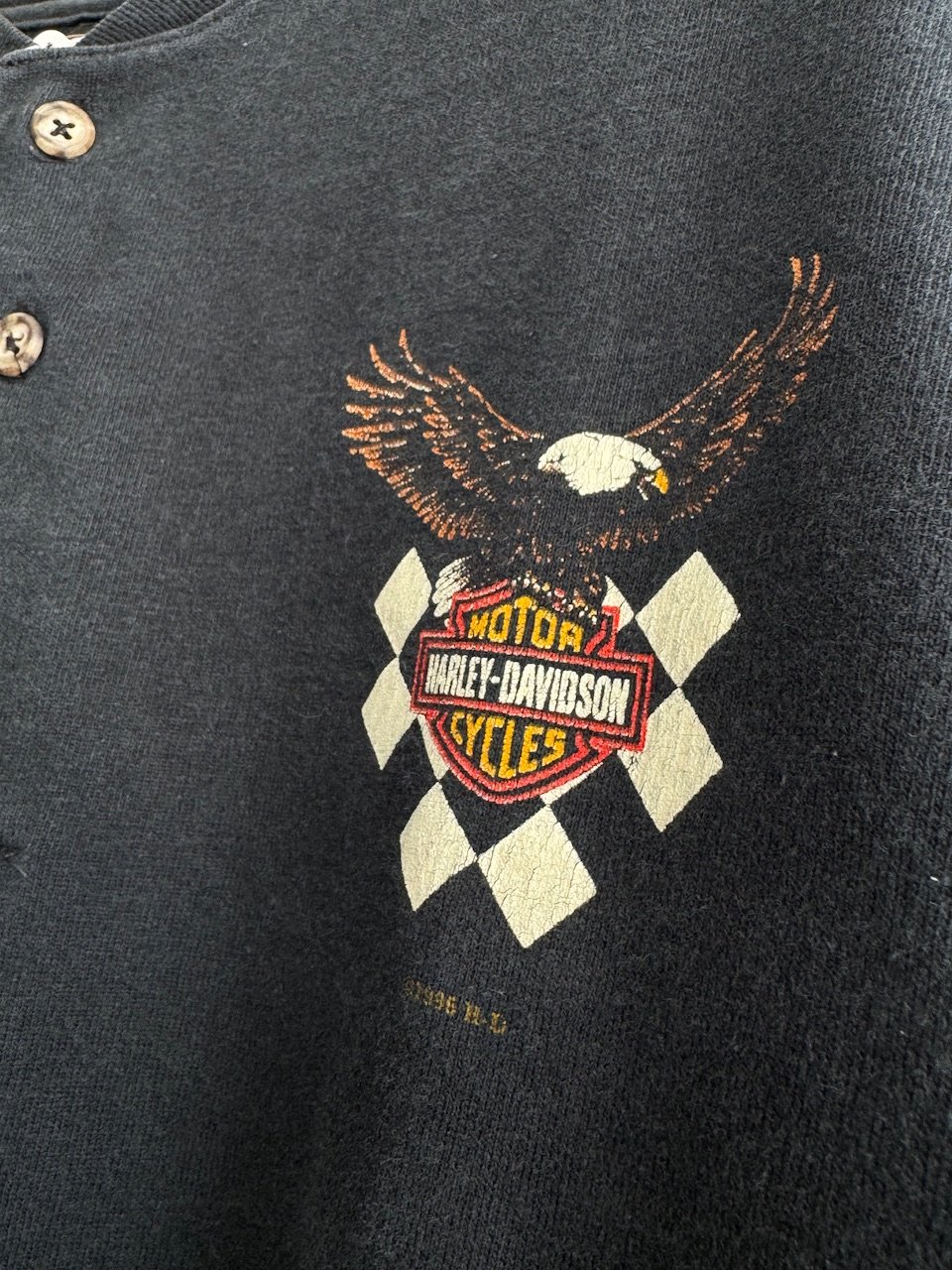 USA製 ハーレー Tシャツ L ヘンリーネック 90s アメリカ製 90s USA製 HARLEY-DAVIDSON ハーレー ダビッドソン 3D EMBLEM