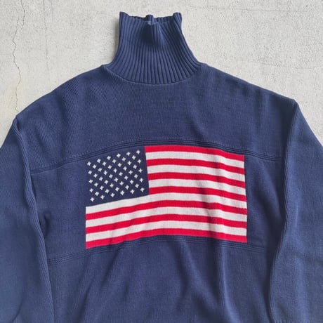 USA製 アメリカ国旗タートルネックコットンニット