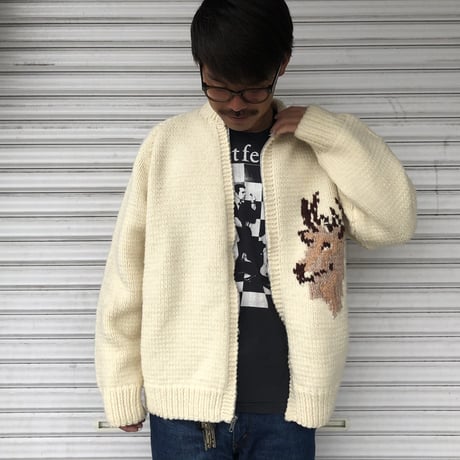 Vintage カウチンカーディガン 鹿 スタンドカラー