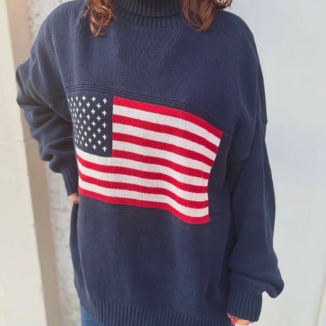 USA製 アメリカ国旗タートルネックコットンニット