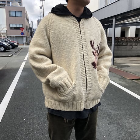 Vintage カウチンカーディガン 鹿 ショールカラー