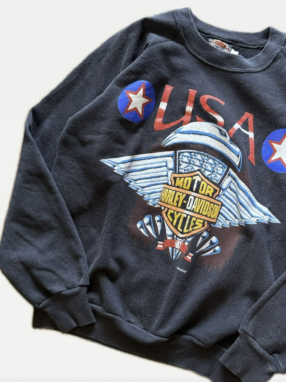 古着 90's ハーレー ダヴィッドソン エンブレム スウェット 黒 フェード S】Harley-Davidson ハーレーダビッドソン ブランドロゴ 刺繍