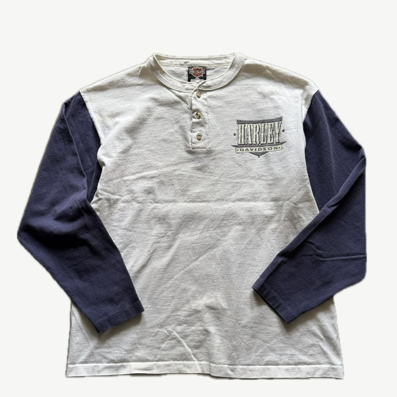 【希少】Harley-Davidson ヘンリーネックロングTシャツ グレー 古着 90年代 ハーレーダビッドソン Harley-Davidson 鷲柄