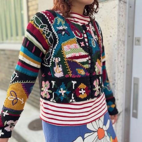カラフル総柄刺繍ニットカーディガン