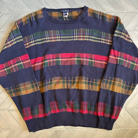 90s NAUTICA 3色チェックニット