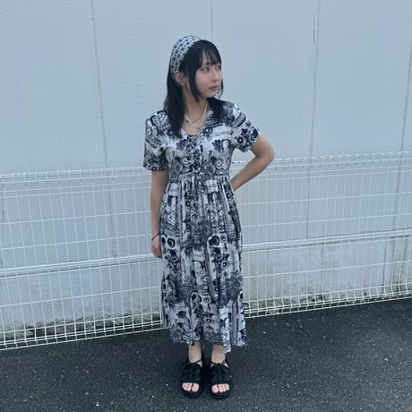 総柄 半袖 ロングワンピース