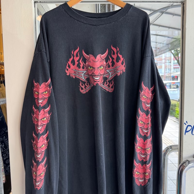 PORKCHOP 袖プリント デビル ロング Tシャツ size L バイカー PORKCHOP 袖プリント デビル ロング Tシャツ size L バイカー
