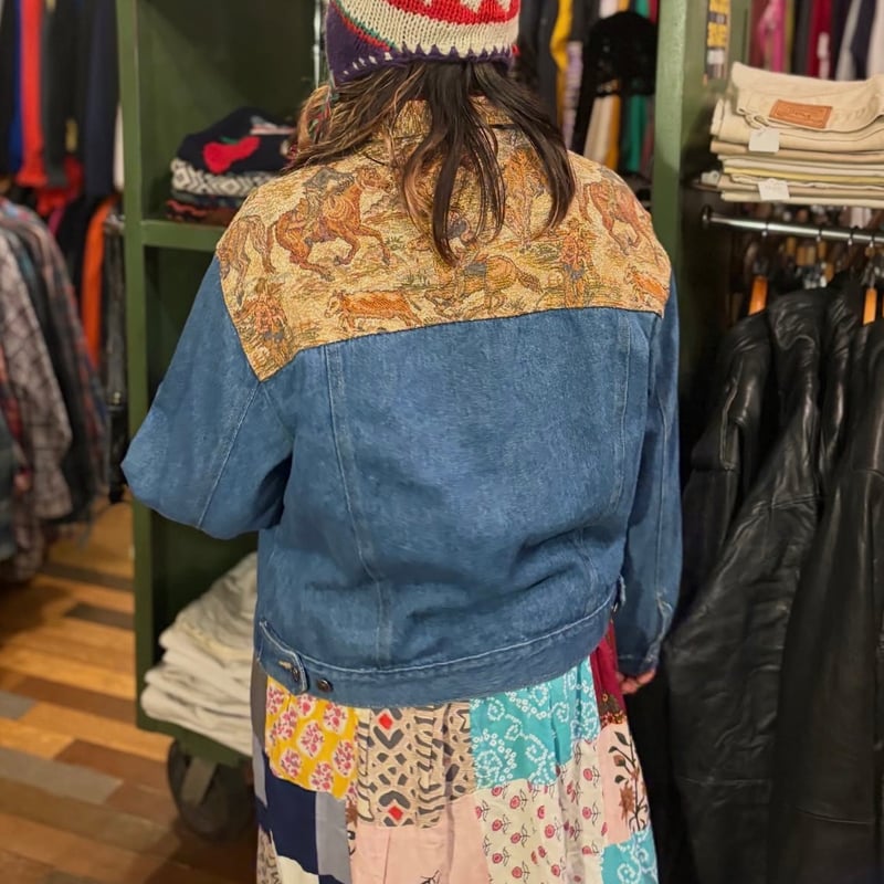 切替え お花柄 ゴブラン ジャガード デザイン デニムコート ブルゾン S8 切替え お花柄 ゴブラン ジャガード デザイン デニムコート ブルゾン