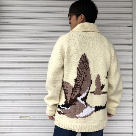 Vintage カウチンカーディガン 鳥 ショールカラー