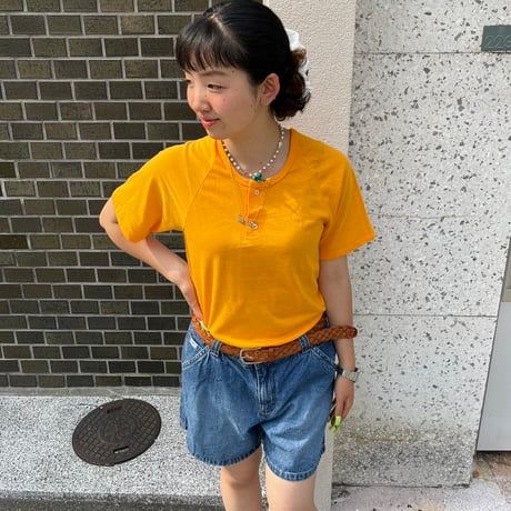NOS  USA製　ヘンリーネックラグラン無地Tシャツ