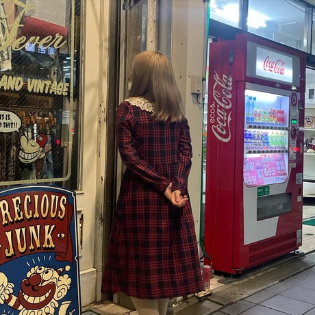 バンドカラー　チェックワンピース