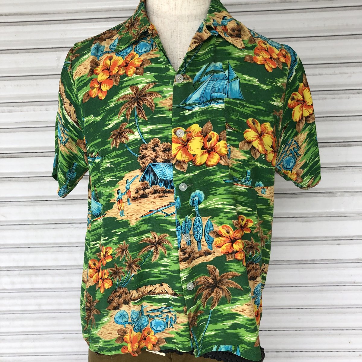 60s rayon hawaiian shirt ハワイアンシャツ ビンテージ60's○Reetパイナップル総柄ハワイアンシャツ青