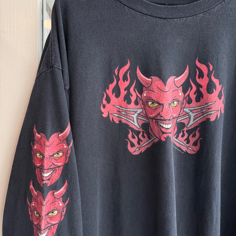 PORKCHOP 袖プリント デビル ロング Tシャツ size L バイカー PORKCHOP 袖プリント デビル ロング Tシャツ size L バイカー