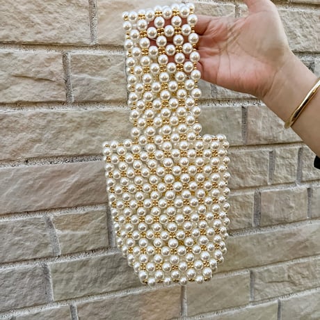 Wide handle pearl & gold beaded bag