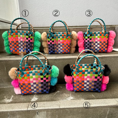 Rainbow mini pompom basket