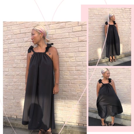 double  ribbon  shoulder  gathered  dress