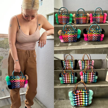 Rainbow mini pompom basket