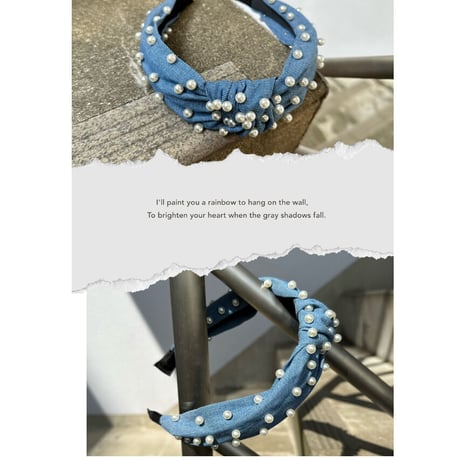 Knit denim headband w pearls