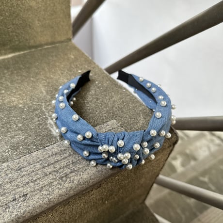 Knit denim headband w pearls