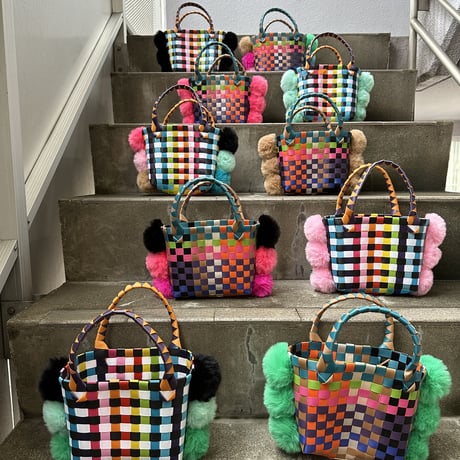 Rainbow mini pompom basket