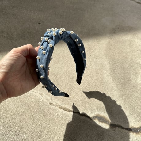Knit denim headband w pearls