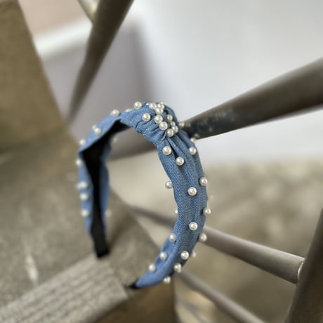Knit denim headband w pearls