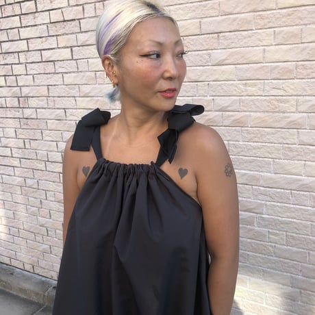 double  ribbon  shoulder  gathered  dress