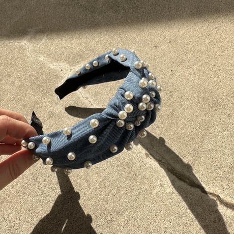 Knit denim headband w pearls