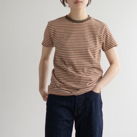 multi border summer tee/orange×olive/size2