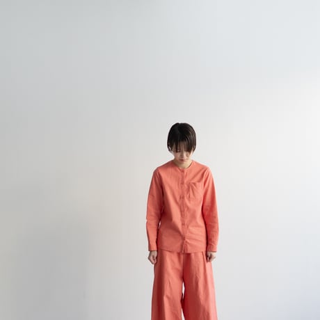 cotton linen canvas /collarless shirt/living coral