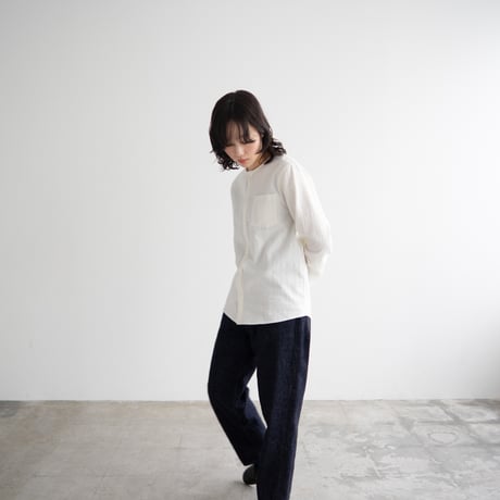 cotton linen canvas /collarless shirt/off white