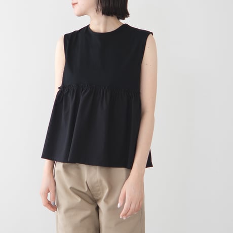 organic long-staple cotton/gathered sleeveless top /black