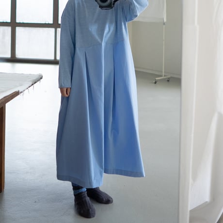 mixed fabric panel dress/blue heather