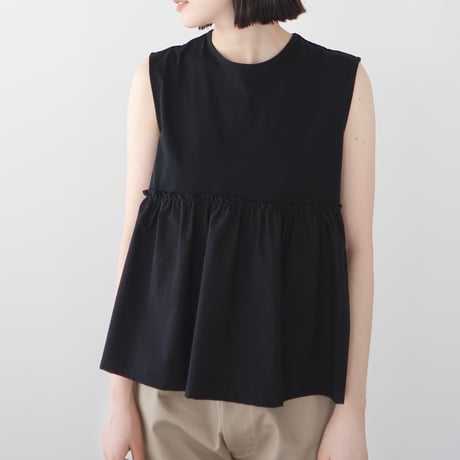 organic long-staple cotton/gathered sleeveless top /black