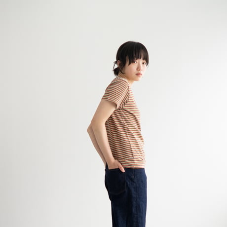 multi border summer tee/orange×olive/size2