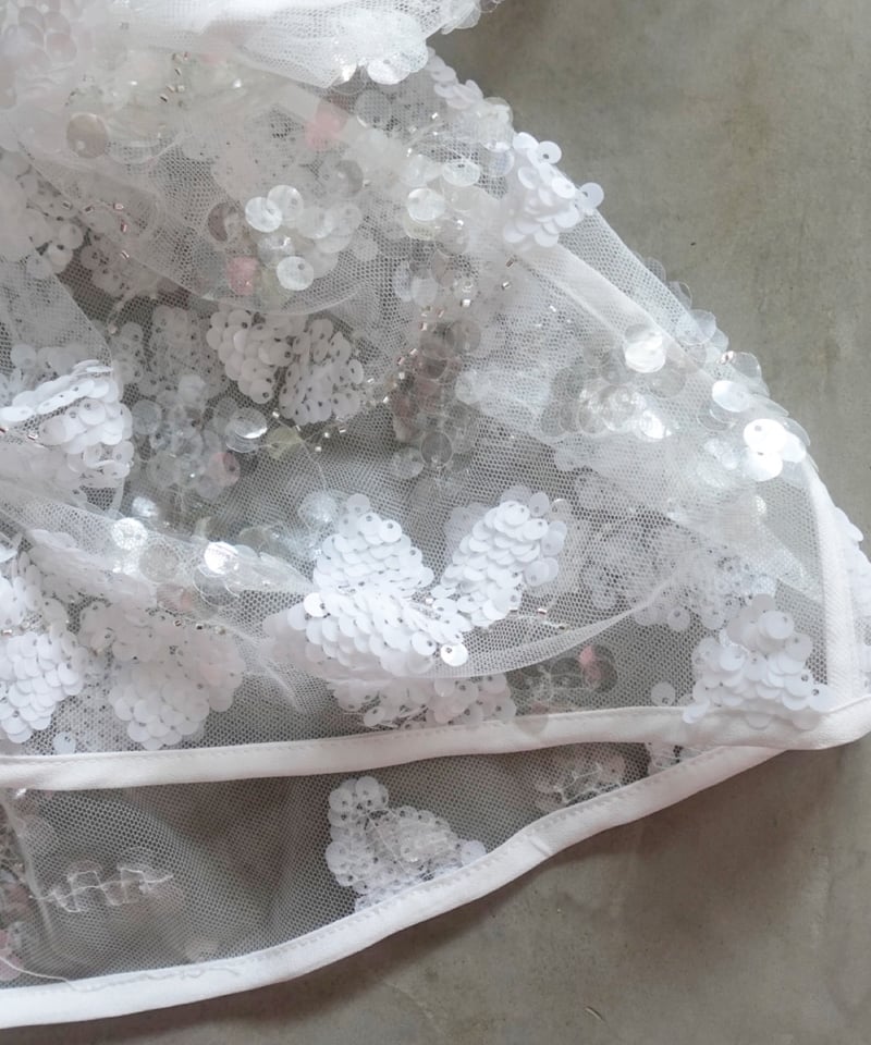 チェック刺繍スパンコールチュール セール】【LEJA】チェック刺繍スパンコールチュール素材袖リボン