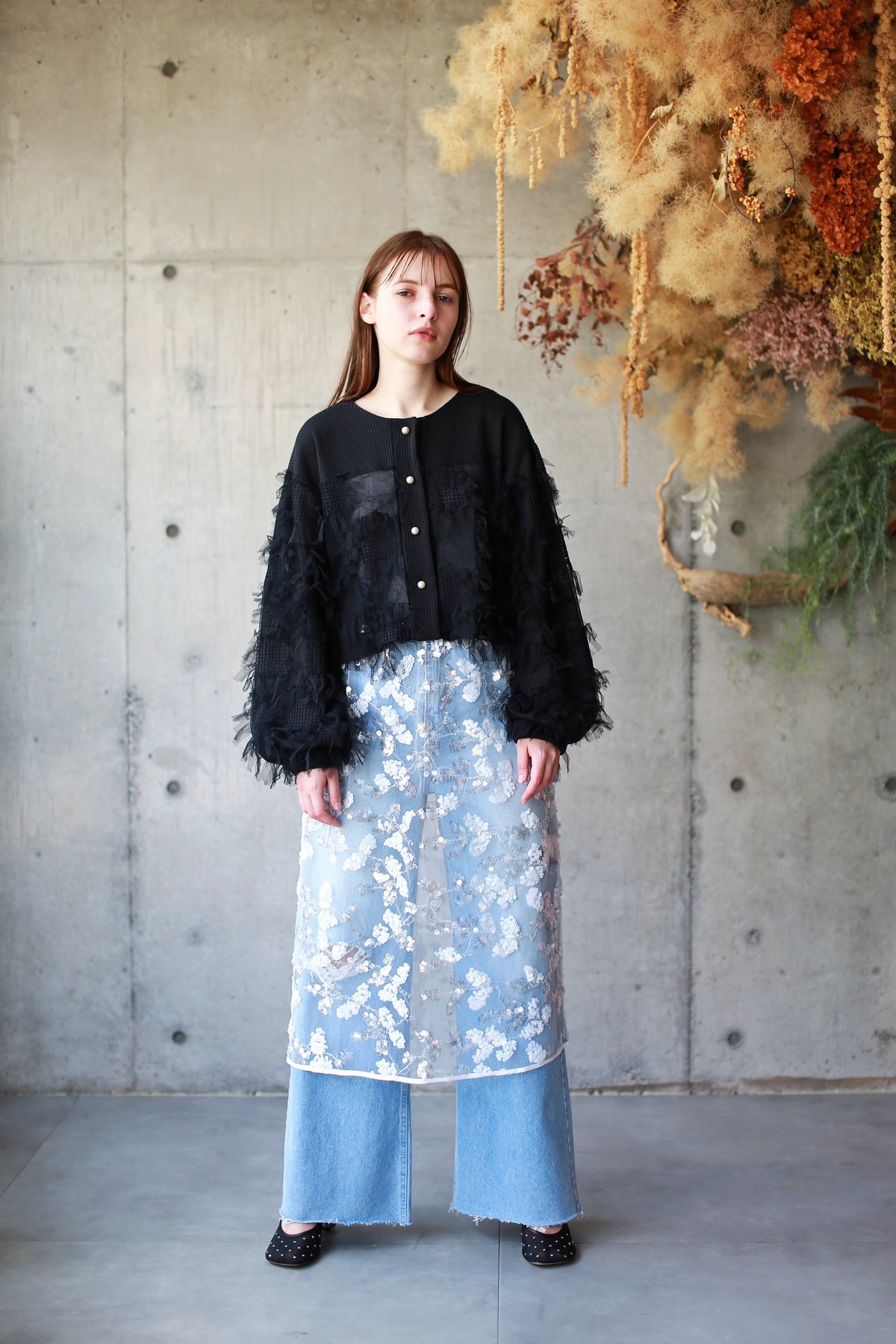 ackaアイボリー　チュールカーディガン ackaアイボリー チュールカーディガン 前後2WAY袖チュールニット