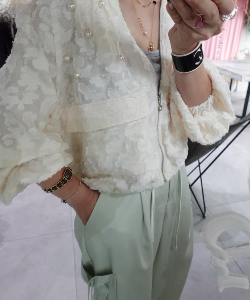美品　チュールジャガードブルゾン SALE】Floral Pattern Jacquard Voluminous Skirt