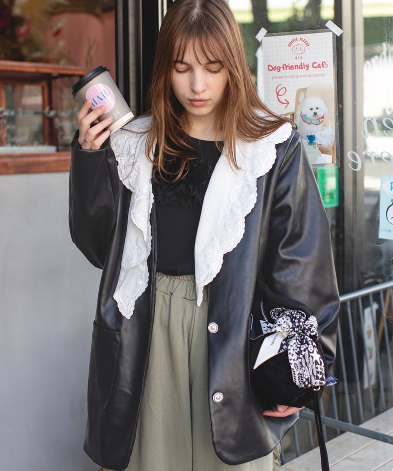 select)レース襟レザージャケット | make_ai