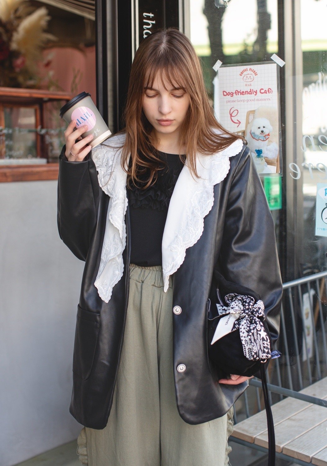 select)レース襟レザージャケット | make_ai