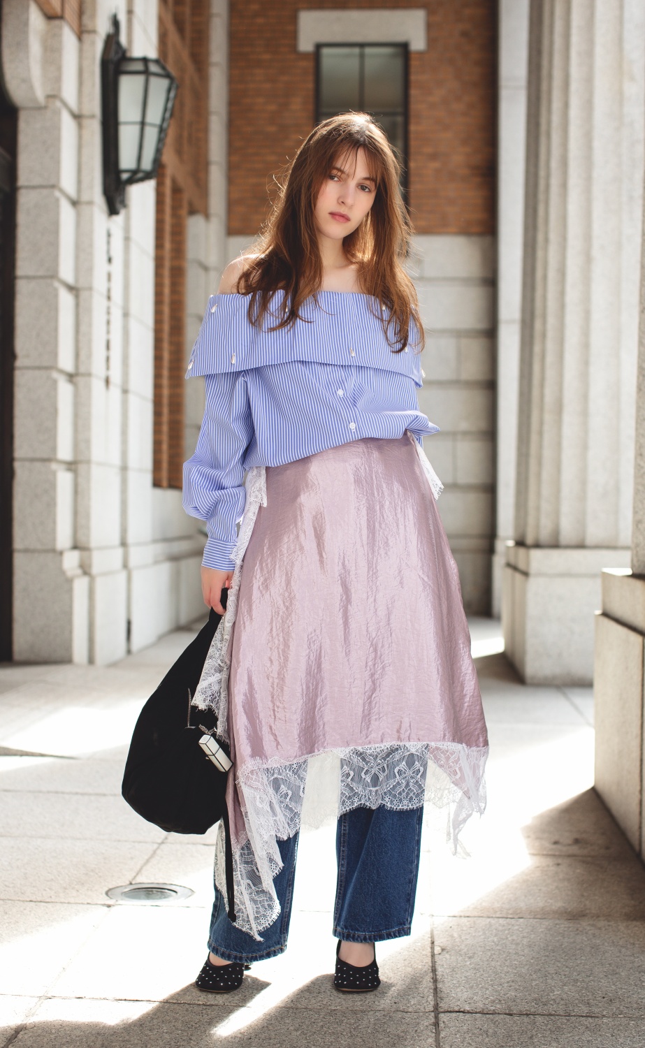 マチャット レースサテンスカート（ネイビー） レースサテンスカート